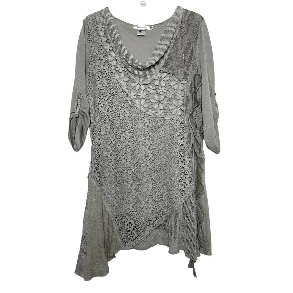 Feratelli Crochet Lace Tunic Top Asymmetrical Hem Boho Artsy Lagenlook Cottage M